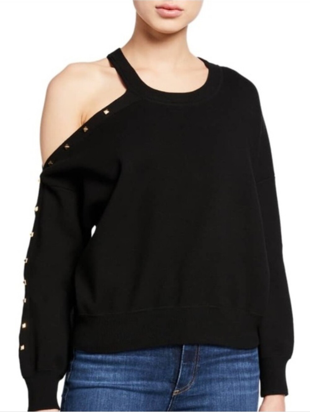 Alice + Olivia Michael Crewneck Pullover with Cut Shoulder in BLACK XS